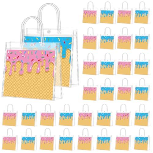 Supervitae 16 Pcs Ice Cream Clear Favor Bags with Handle Reusable Plastic PVC Gift Bag Goodies Treats Wrap Totes for Birthday Wedding Summer Party Supplies, 8 x 8 x 3.15 Inch
