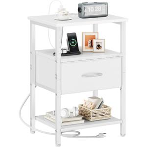 Vagusicc Nightstand with Charging Station, Bed Side Table with Adjustable Fabric Drawer, Night Stand for Bedroom, 3-Tier Storage End Table, End Tables for Living Room, White (23.8"H x 15.4"D x 11.5"W)