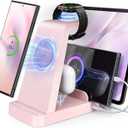 5 in 1 Wireless Charger for Samsung, Wireless Charging Station for Multiple Devices, Fast Charger Stand for Samsung Galaxy S25 Ultra S24 S23 S22 S20 Note 20 10 Z Fold 7 6 Galaxy Watch 7 6 5 Buds, Pink