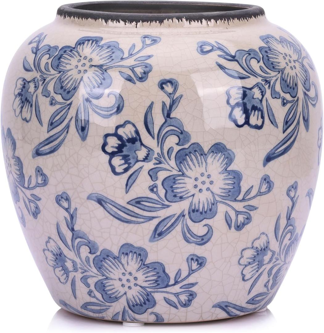 Blue and White Vase - 7.1 Inchs Vintage Ceramic Vases for Home Decor, Farmhouse Flower Vase for Living Room and Kitchen, Vintage Pottery Decor for Table Shelf and Mantle, Chinoiserie Decor Vases