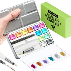 ARTISTRO Metallic Watercolor Paint Set 12 Colors, Travel Watercolor Set with Metallic Watercolor Paints, Water Color Paint Sets for Kids, Mini Water Colors Paint Adult Set for Beginners and Amateurs