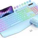 Wireless Keyboard and Mouse Combo, 9 Backlit Effects, Wrist Rest, Phone Holder, 2.4G Lag-Free Ergonomic Keyboards, Rechargeable Silent Cordless Set for Computer, Laptop, Mac, Windows -SABLUTE (Blue)