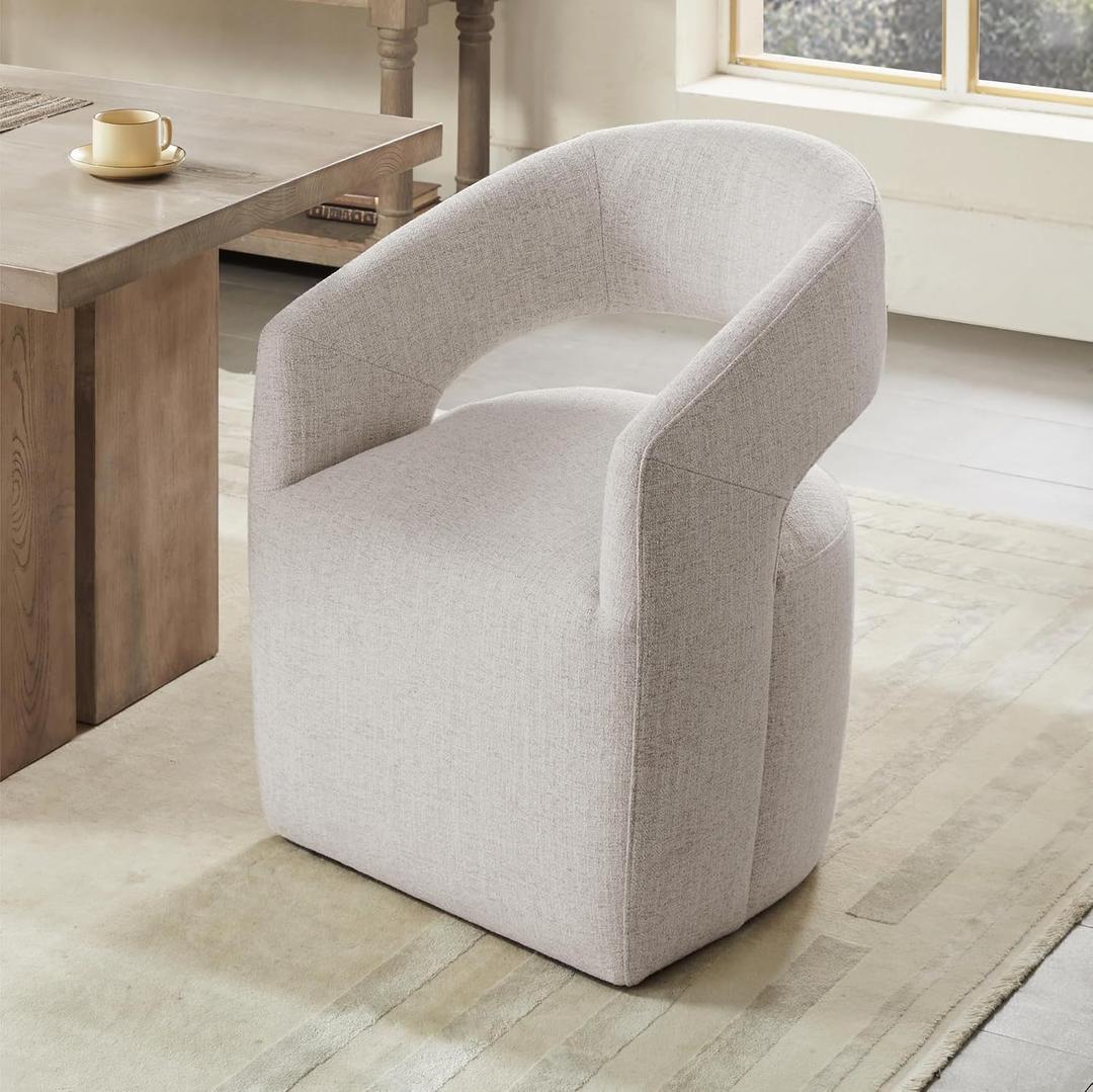 KISLOT Upholstered Dining Chairs with Casters, No Assembly Modern Barrel Armchair with Rollers for Dining Room, Bedroom, Living Room, Reading Room, Home Office, Set of 1, Beige