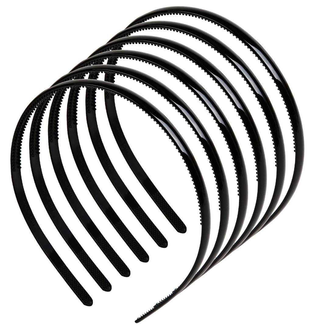 6 Packs Black Headbands for Women Plain Plastic Headband with Teeth Comb Halloween Skinny DIY 8mm Thin Smooth Head Bands Womens Hairbands Hair Accessories