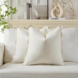 Scalloped Throw Pillow Covers | Decorative Pillow, Fabric Feels a Little Stiff | Boho Sytle for Living Room (Beige & White, 18x18 Inch)