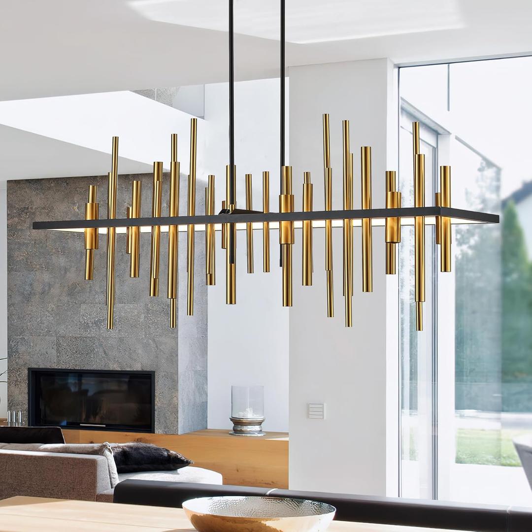 Rectangular Modern Luxury Black Gold Chandelier for Dining Room, LED Pendant Light Fixture for Kitchen Island Over Table 1.2 M (47In)