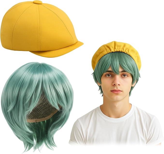 Tivi Tovo Halloween Role Play K-pop Theme Cosplay Costume Accessories Green Wig and Yellow Hat for Adult Costume Outfit Prop, One Size