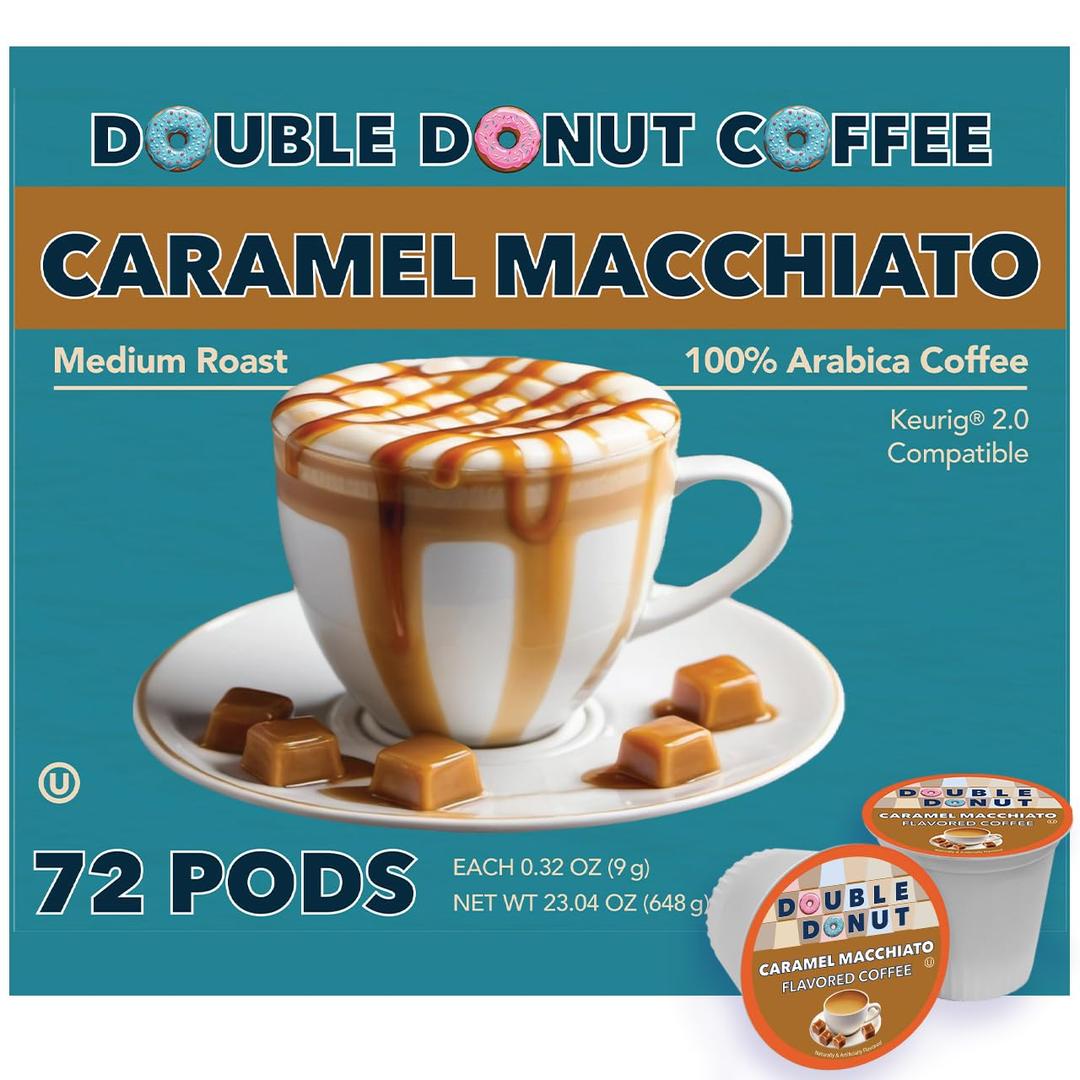 Double Donut Coffee Caramel Macchiato Flavored Coffee Pods,Medium Roast Coffee Compatible with Keurig K Cups Brewers, 72 Count (EXP 09/28/26)