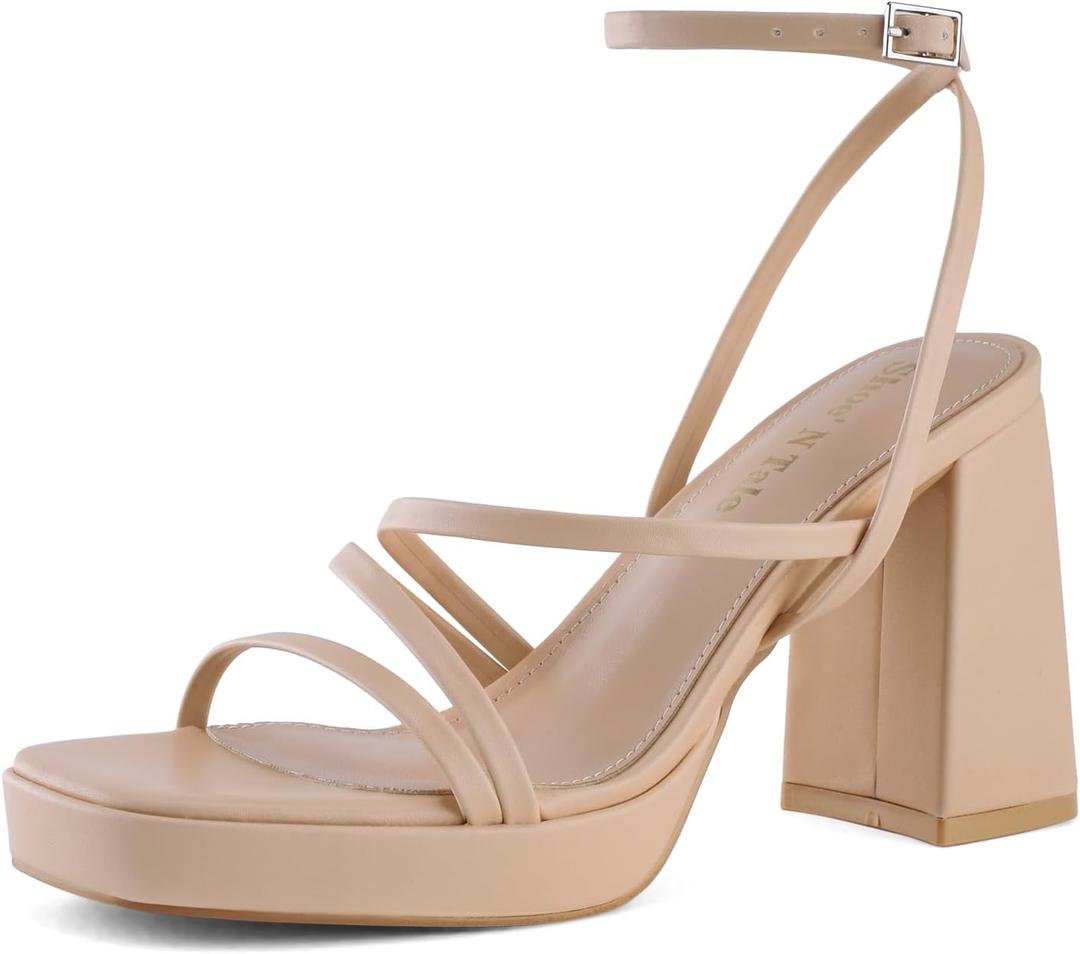 Shoe'N Tale Platform Heels for Women Strappy Block Chunky Heels Square Toe Ankle Buckle Sandals (8)