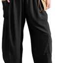 TARSE Women's Linen Harem Pants Casual Loose Drawstring Elastic Waist Summer Beach Travel Vacation with Pockets (Black)