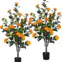 3.2FT Artificial Camellia Tree, Faux Camellia Plant Fake Potted Camellia Flower Tree, Orange Faux Potted Plant, Indoor Outdoor Decor for Home, Office, Porch, Patio, Pack of 2