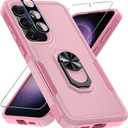 for Samsung Galaxy S25 Plus/S24 Plus Case with Screen Protector+Camera Lens Protector, Heavy Duty Shockproof Full Body Protective Cover Built in Rotatable Metal Ring Holder Kickstand,2025 Cute Pink
