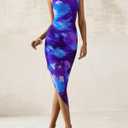 PRETTYGARDEN Women 2025 Summer Mesh Dress Spaghetti Strap Cowl Neck Print Ruched Bodycon Dresses Asymmetrical Long Dress (Blue)