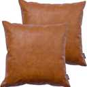 Faux Leather Throw Pillow Covers, 18 x 18 inch Set of 2 Thick Cognac Brown Modern Solid Decorative Square Bedroom Living Room Cushion Cases for Couch Bed Sofa