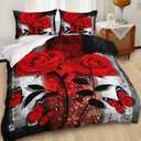 AILONEN Red Rose Duvet Cover Set Queen Size, Grey Retro Couple Rose Comforter Cover Set,3 Pieces Romantic Floral Butterfly Quilt Cover and 2 Pillowcases