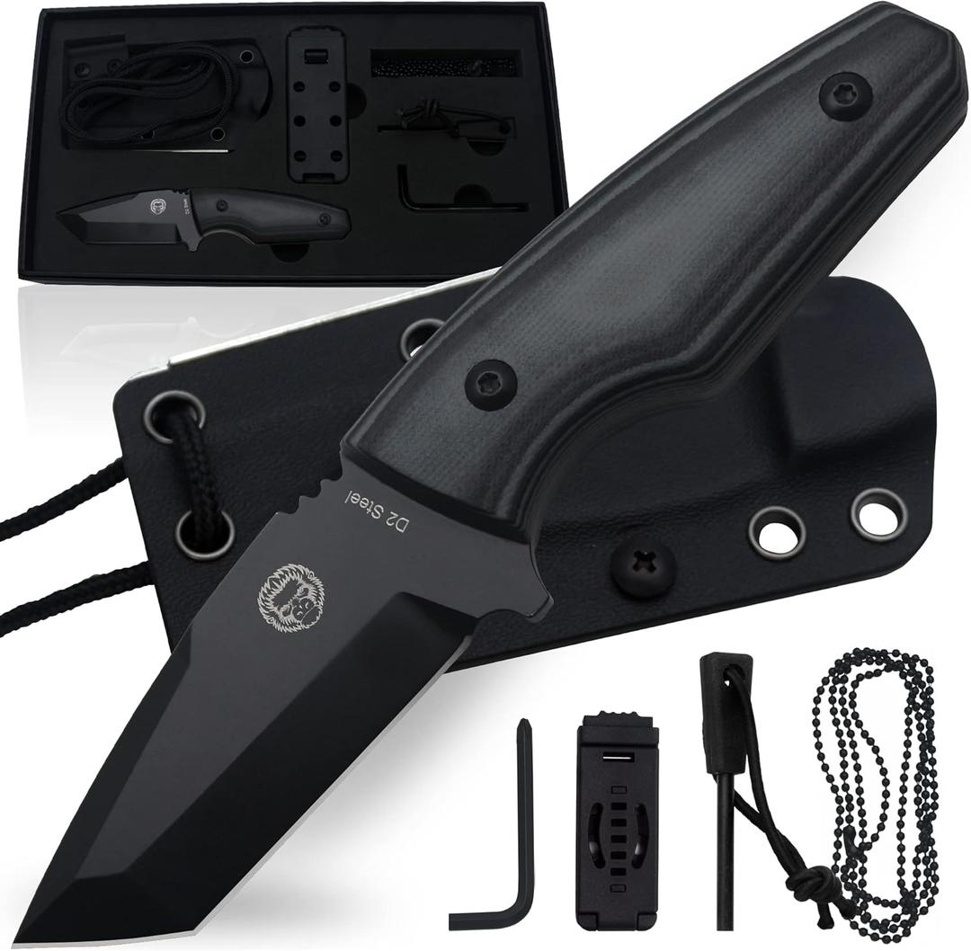 Holtzman's Gorilla Survival Tanto Fixed Blade Neck Knife with Kydex Sheath & Ferro Rod (Black) - Ideal for Outdoor Activities and Everyday Carry