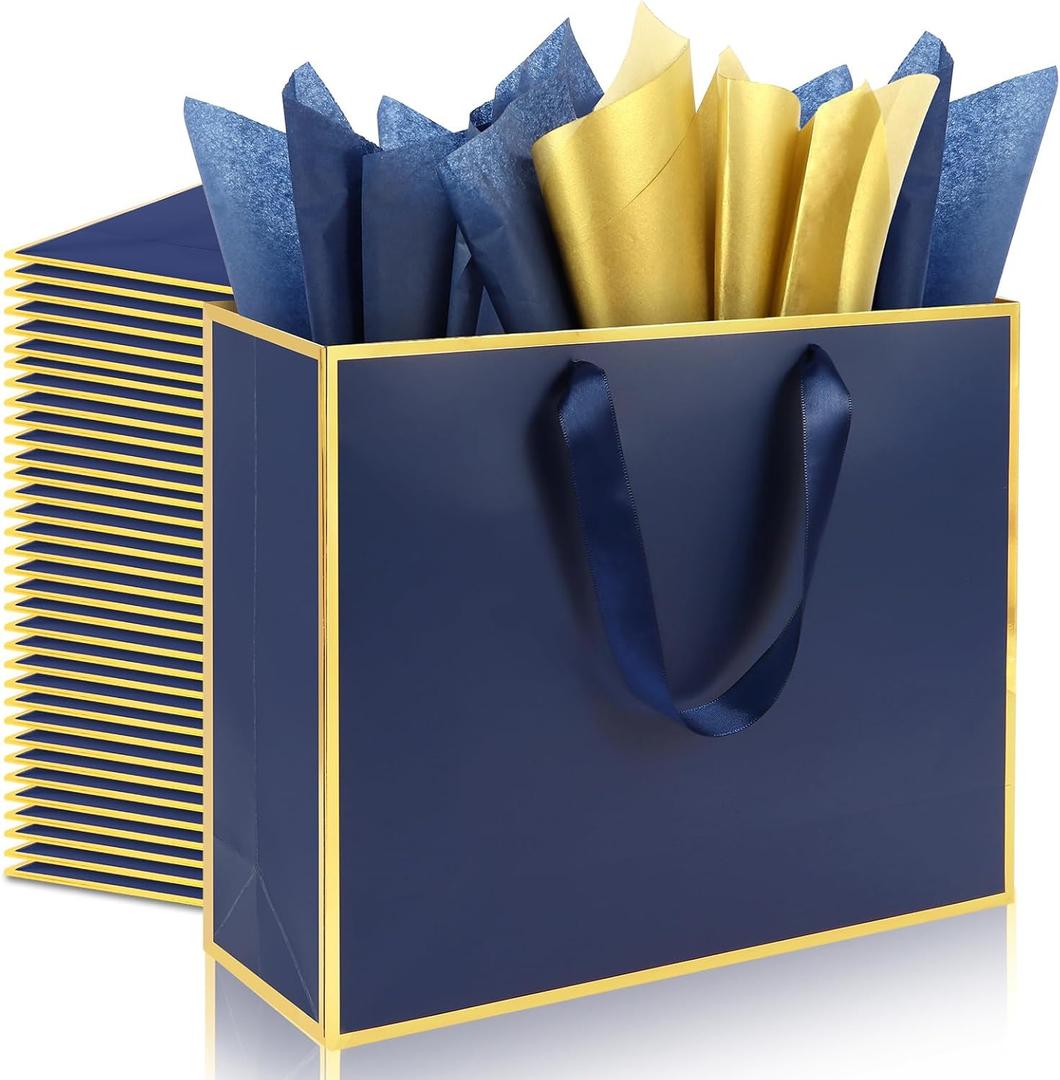 Addblu 24 Pack Large Gift Bags with Handles - Includes 36 Tissue Papers, 11.8x10x4 Inches for Thank You, Wedding, Bridesmaid, Christmas, Birthday, Party Five Senses Gifts (Navy Blue and Gold Trim, 24Pcs)