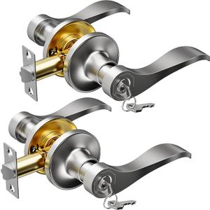 2 Pack Entry Door Handle with Lock and Key, Keyed Different Door Levers Interior Exterior Handle Lock,Front Entrance for Bedroom Wave Style Lever Handles, Satin Nickel Door Lock