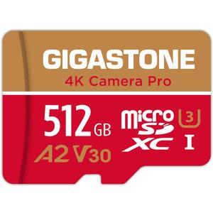 5-Years Data Recovery GIGASTONE 512GB Micro SD Card, 4K Camera Pro, A2 V30 for Smartphone, Gopro, Action Cams, 4K UHD Video Recording, R/W up to 150/120 MB/s, UHS-I U3 C10 Class 10 with Adapter