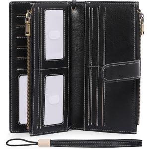 GOIACII Womens Wallets Large Capacity Credit Card Holder Rfid Wallet Women Double Zipper Pocket Leather Bifold Ladies Wristlet Clutch Wallet (A03-Black)