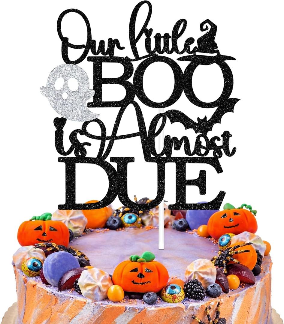 3 x Our Little Boo is Almost Due Cake Topper, Halloween October Baby Shower Cake Decor, Baby Boo Spooky Halloween Themed Baby's Birthday Gender Reveal Baby Shower Party Decoration Supplies, Black Glitter