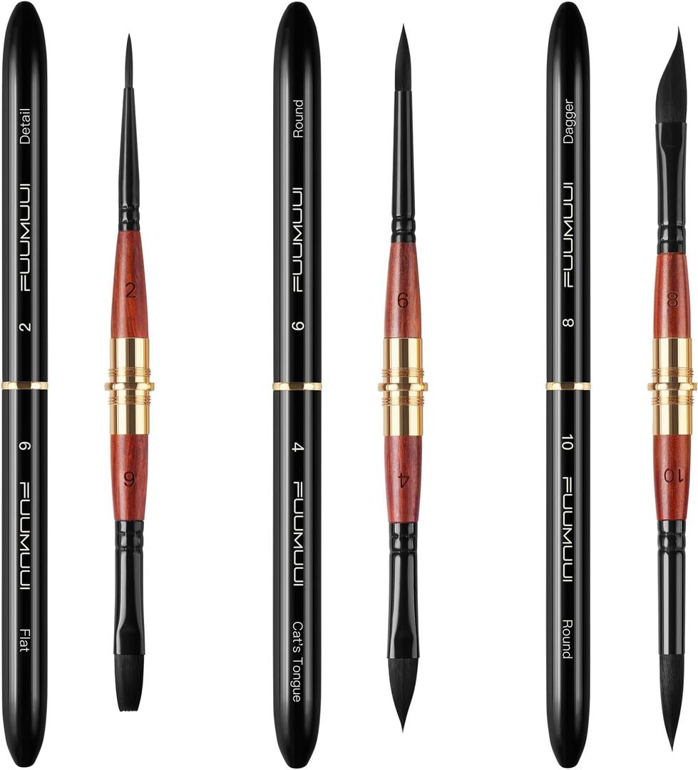 Dual Tip Travel Watercolor Brushes, Fuumuui 3pcs Synthetic Squirrel Hair Set of 6 Versatile Tips with Leather Pouch Perfect for Watercolor Gouache Ink Painting (Black)