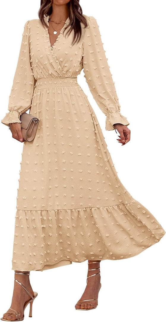 BTFBM Women Fall Maxi Dresses 2025 Long Sleeve V Neck Swiss Dots High Waisted A-Line Ruffle Boho Long Dress Vacation(Beige,Small)