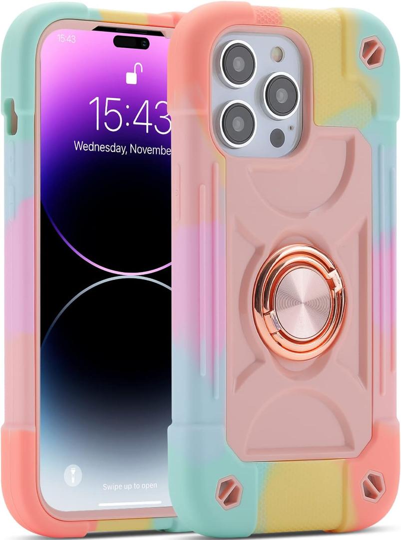 MARKILL Compatible with iPhone 14 Pro Max Case 6.7 Inch with Ring Stand, [Soft Silicone and Hard Plastic ] Heavy-Duty Military Grade Shockproof Phone Cover for iPhone 14 Pro Max (Rainbow Pink)