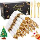 Liacere 100Pack Pre Rolled Gold Silverware and Napkin-Disposable Gold Plastic Utensils-Wrapped Plastic Cutlery Set with Napkin:100 Forks,100 Knives,100 Spoons,100 Napkins for ChristmasNew Year