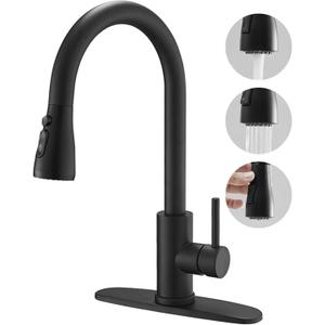 BESy Brass Single Handle Kitchen Faucet with Pull Down Sprayer,Rv High-Arc Kitchen Sink Faucet with Pull Out Sprayer,Single Lever 3 Function Laundry Room Faucet,Matte Black (1 or 3 Hole)