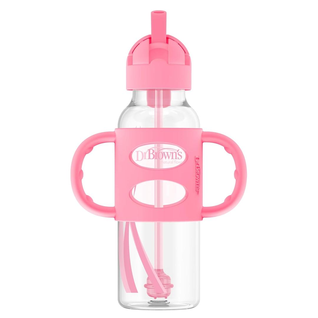 Dr. Brown's Milestones Narrow Sippy Straw Bottle, SpillProof with 100% Silicone Handles and Weighted Straw, 8 oz/250 mL, Gray/Pink, 6m+, 2 Pac
