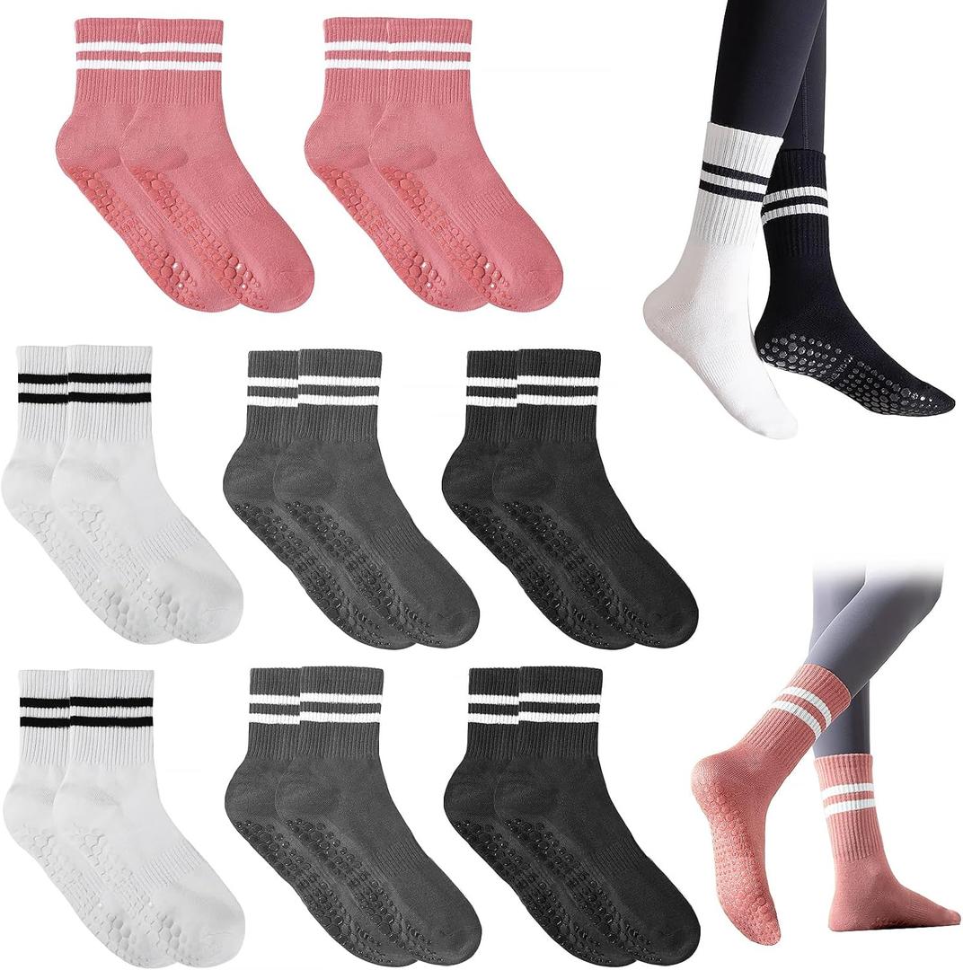 8 Pairs Women Pilates Socks with Non-Slip Grips, Yoga Calf Crew Athletic Socks for Dance Yoga Barre Hospital Workout