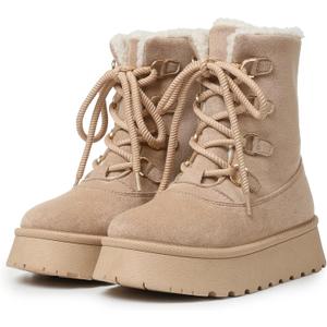 Celbreez Snow Boots Platform Boots Winter Boots for Women Mid Calf Lace up Women's Boot Cozy Boots Fleece Lined Boots Trending Shoes for Womens Warm Faux Fur Shoes (Size 7, Apricot)