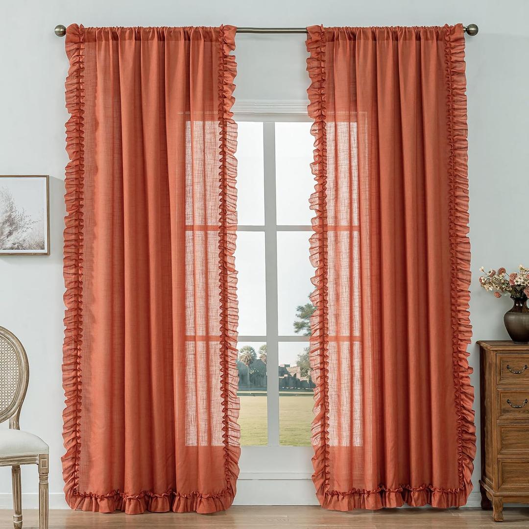 Rust Orange Linen Curtains 84 Inches Long 2 Panels Autumn Fall Farmhouse Scalloped Curtains for Bedroom Living Room, Rod Pocket Privacy Cottage Ruffled Curtain Semi-Sheer Window Drapes, W58 x L84 Inch