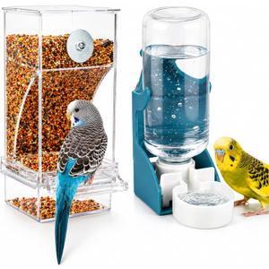 Rypet No Mess Bird Water Feeder Dispenser Set Automatic Bird Feeder Transparent Food Container Cage Acrylic Parrot Feeders Accessories for Small Birds Parrot Cockatoo Canary