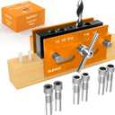 BLEKOO Self Centering Doweling Jig Kit, Drill Jig For Straight Holes Biscuit Joiner Set With 6 Drill Guide Bushings, Adjustable Width Drilling Guide Power Tool Accessory Jigs (Gold)