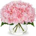 Hollyone Hydrangea Artificial Flowers with Glass Vase Pink Silk Faux Flowers Arrangements with Clear Faux Water Fake Floral Bulk Bouquet for Home Decor Table Centerpiece Decorations