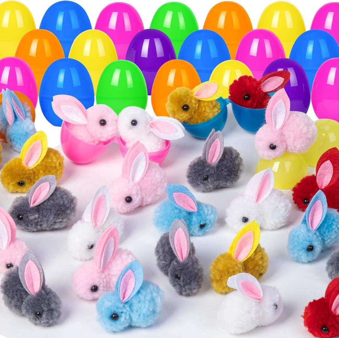 HIKISS 12 Pack Easter Eggs Filled Plush Bunny Toys, Mini Colorful Bunny Egg Fillers for Kids Toddler Boys Girls Easter Egg Hunt Classroom Prize Supplies Basket Stuffers Easter Party Favors