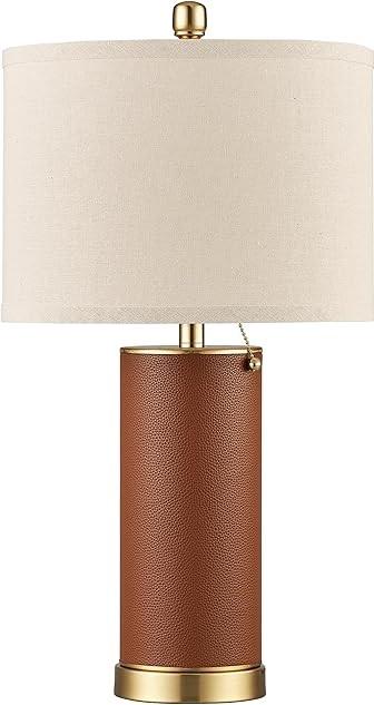 Brown PU Leather Table Lamps for Living Room, 3 Level Brightness LED Modern Home Decor Fabric Lampshade Desk Lamp Lighitng for Bedroom, Bedside, Farmhouse, Nightstand, Night Light