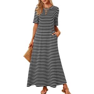 MEROKEETY Summer Casual Maxi Dresses for Women 2026 Vacation Crew Neck Short Sleeve Modest Long T Shirt Dress with Pockets, (XL, Blackwhite)