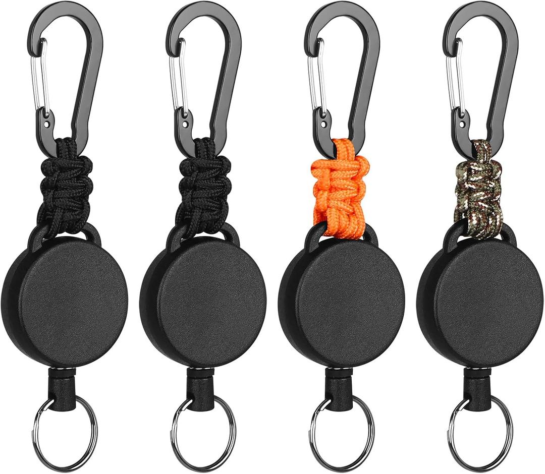 Retractable Keychain Heavy Duty Carabiner Badge Holder Retractable Badge Reel ID Holder Steel Cord and Paracord Extendable Key Ring 4 Pack (2 Black+1 Orange+1 Camouflage Green)