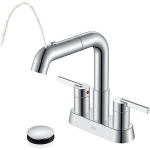 KENES Chrome Centerset Bathroom Faucet with Pull Out Sprayer, 4 Inch 2 Handle Pull Down Bathroom Faucet 3 Hole, Bathroom Sink Faucet with Pop Up Drain & Supply Lines LJ-9059A-5