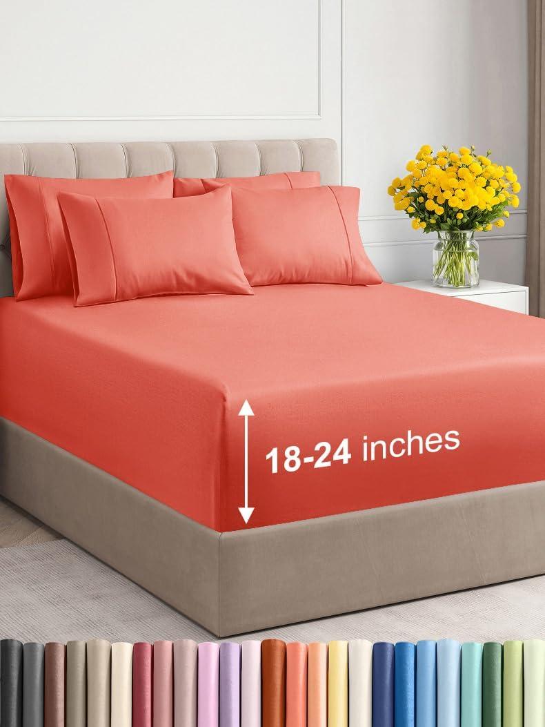Extra Deep Cal King Sheet Set - 6 Piece Breathable & Cooling Sheets - Hotel Luxury Bed Sheets Set - Easy & Secure Fit - Soft, Wrinkle Free & Comfy Sheets Set - Coral Sheet Set with Extra Deep Pockets