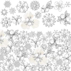 Wavwavw 80 Pcs Rhinestone Buttons Faux Pearl Buttons Flower Flat Back Embellishment Appliques for Craft Jewelry Making DIY Wedding Decor Bouquet Hair Clothes Bag Shoe Home Party