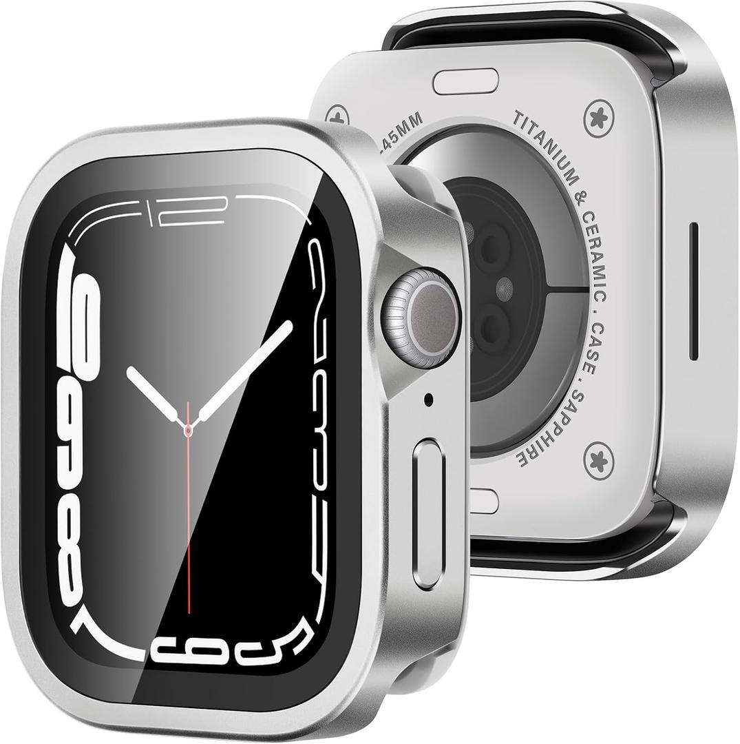 Amizee Metal Case Compatible with Apple Watch Series 9/8/7 45mm Case with Built-in Screen Protector, Straight Edge Ultra Thin with Back Cover Protective Cover for iWatch 45mm, Silver