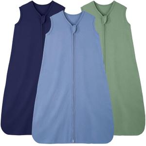 FIEMOL Baby Sleep Sack 6-12 Months, 100% Cotton Sleeping Sack for Newborn and Infant, 3 Pack Baby Wearable Blanket, 0.5 Tog Lightweight Double Zipper Sleep Bag Cyan (Medium)