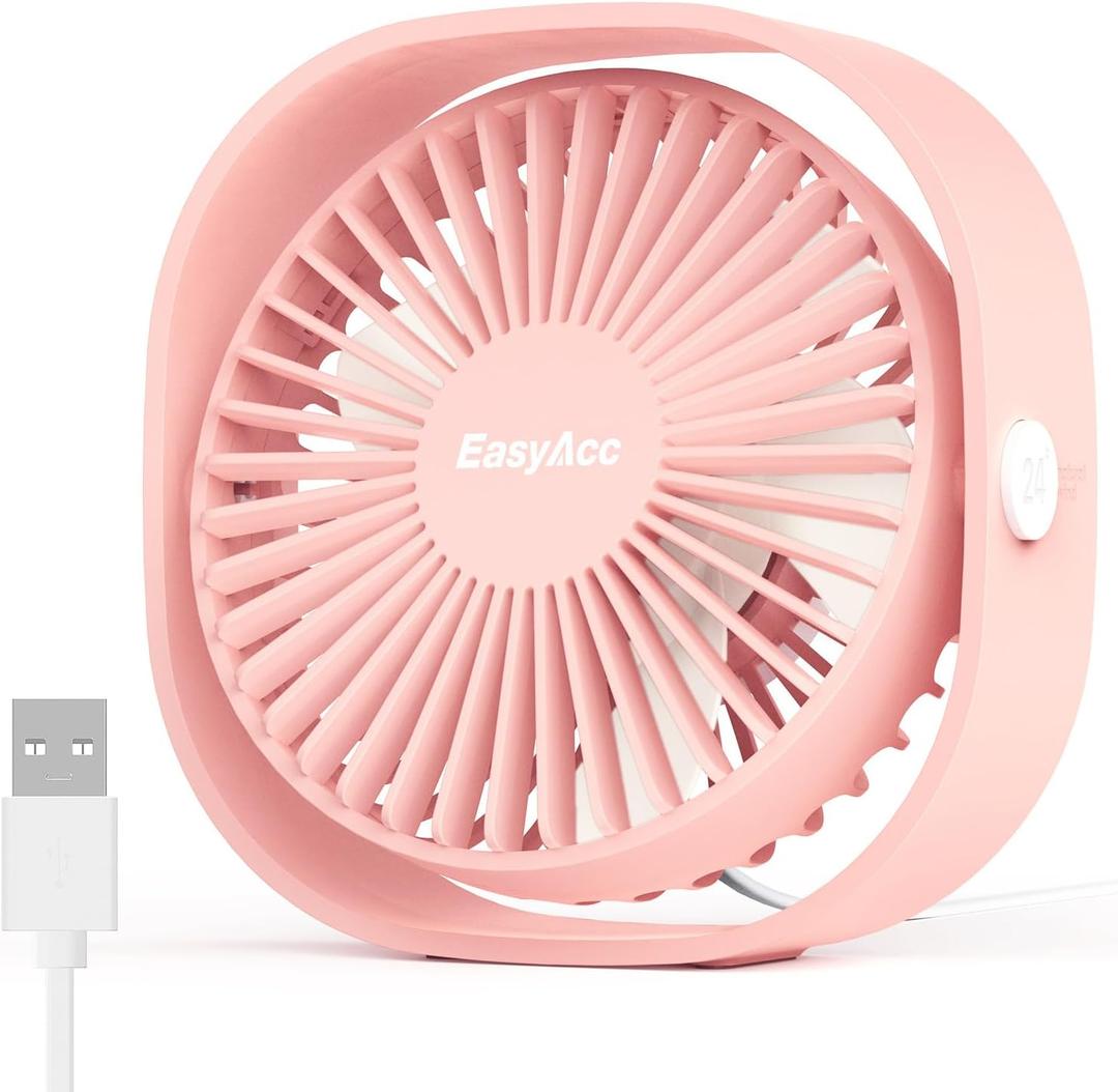 EasyAcc USB Small Desk Fan, Slumber Pod Fan [360Rotatable Head &Powerful ] 3 Speeds Portable Personal Table Travel Fan for Sleeping Desk Cruise Ship Dorm Bedroom Office Office (No Battery) (Cherry Pink)