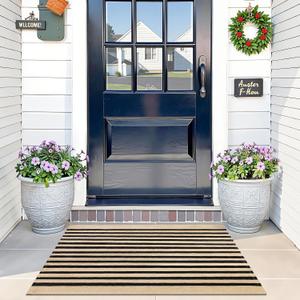 OLANLY Brown and Black Striped Rug 2' x 3' (24" x 36") Washable Cotton Doormat for Indoor Outdoor Use, Layered Front Porch Rug for Entryway, Kitchen, Patio