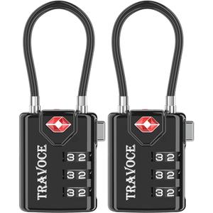 TRAVOCE TSA Approved Luggage Locks  Heavy Duty 3 Digit Combination Cable Lock, Search Alert for Suitcases, Backpacks, Golf Bags, Tents, Violin and Camera Cases, 2 Pack, Black
