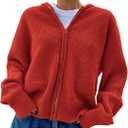 SOLY HUX Zip Up Cardigan for Women Hooded Cardigan Sweater Knitted Drop Shoulder Fall Clothes Winter Hoodies Outerwear (Medium, Plain Red)